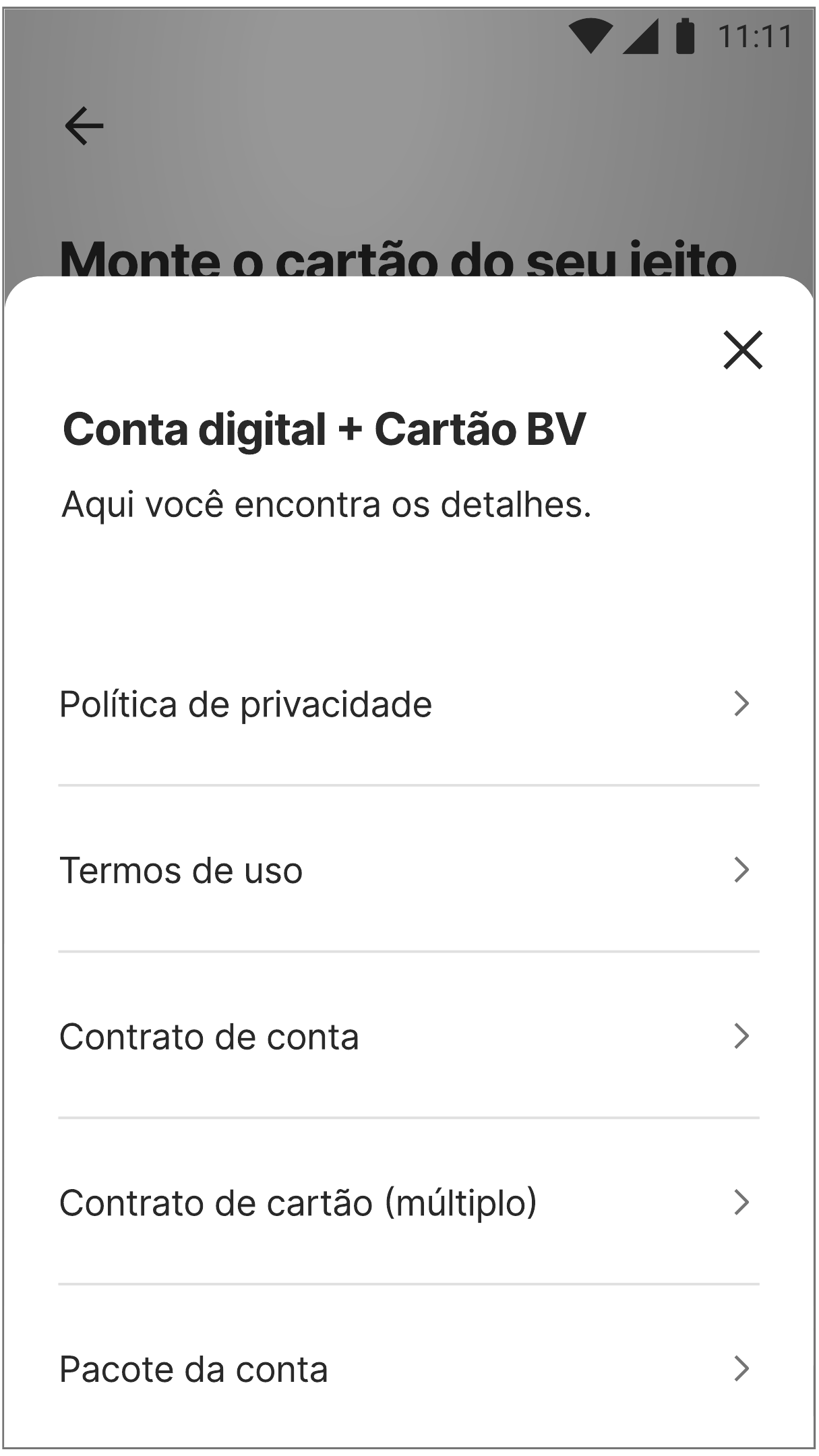 BV account and card details screen