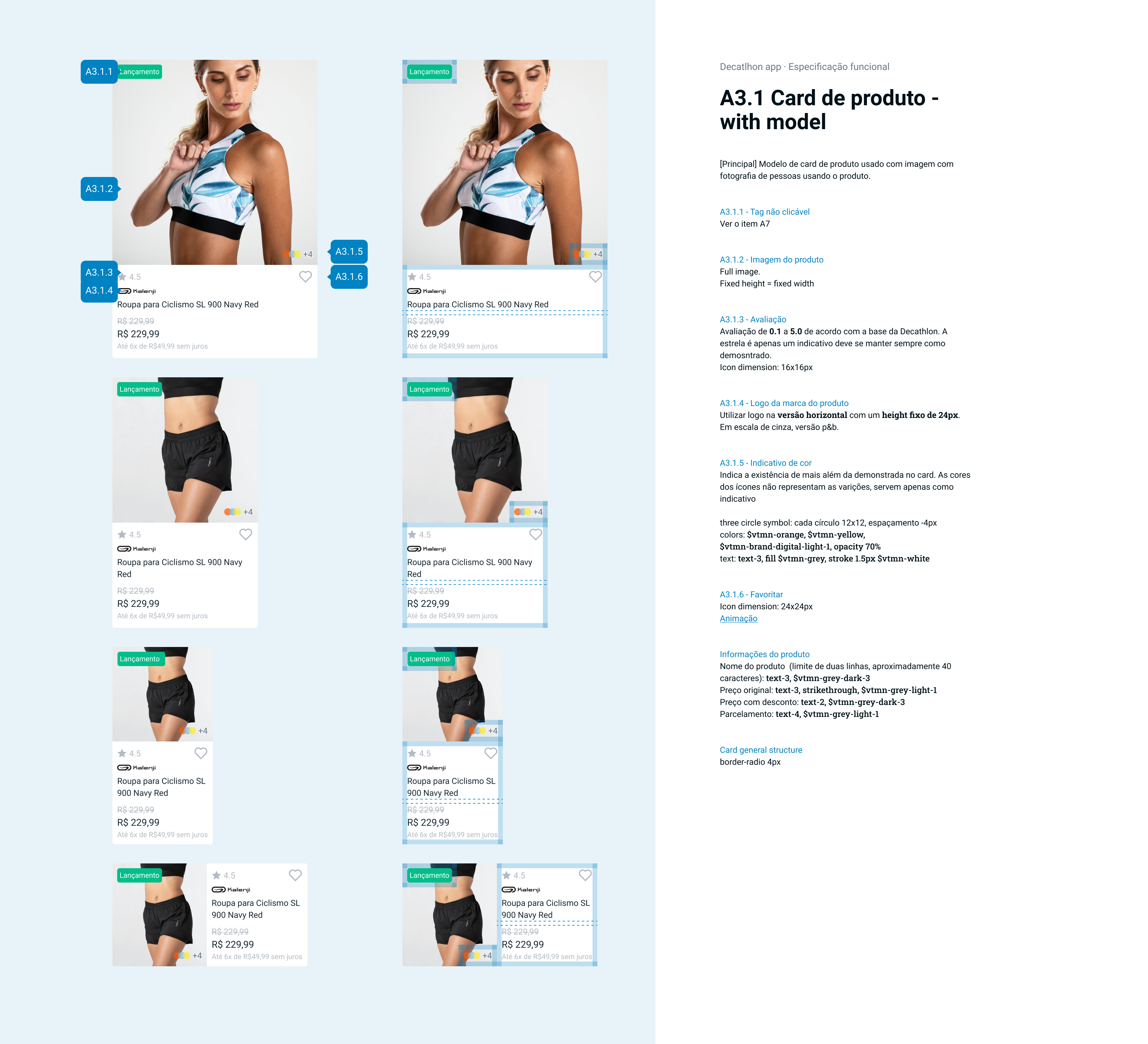 Decathlon product card system with variants and specifications