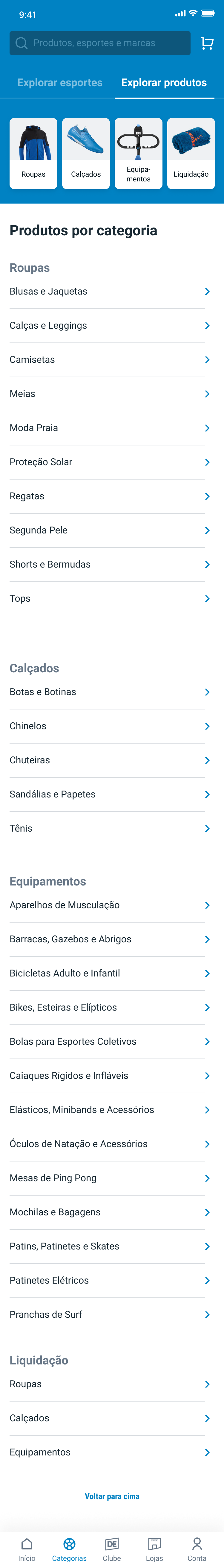 Long Decathlon exploration screen organized by sport and product category