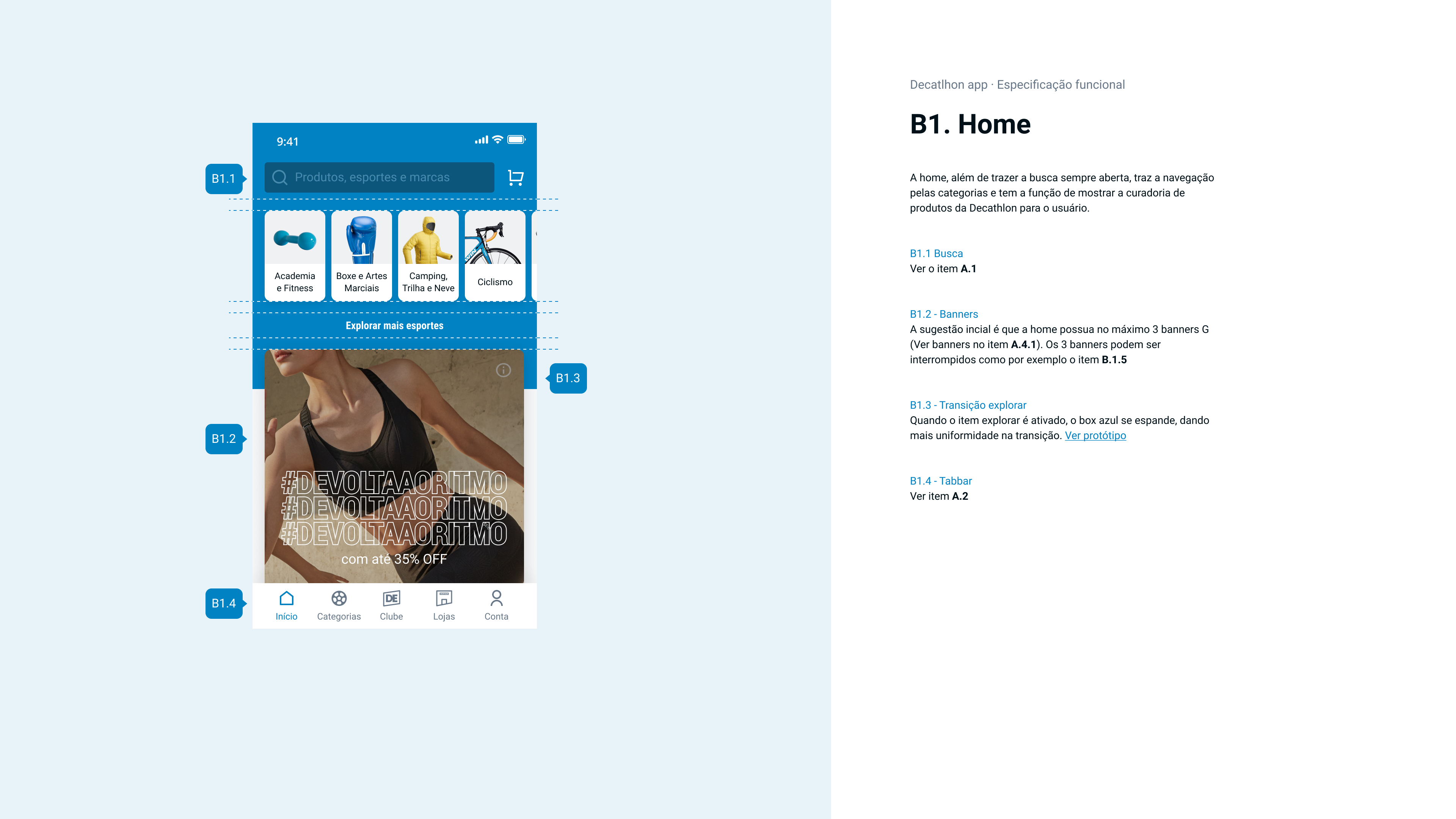 Decathlon home screen with interaction and component specifications