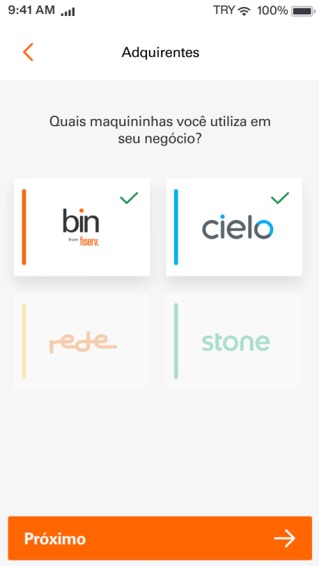 Mobile onboarding screen for selecting payment acquirers