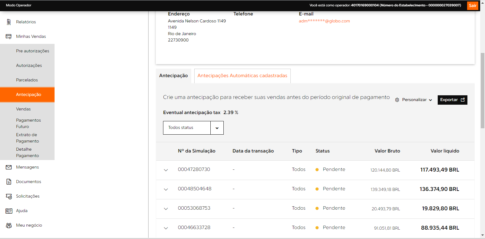 Production payment portal showing anticipation records and statuses