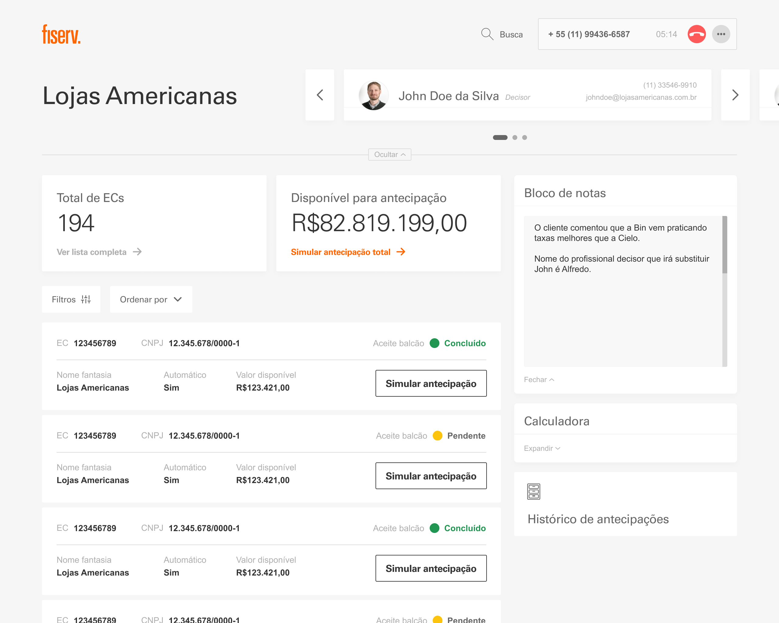 High-fidelity Fiserv concept showing receivables records, status and simulation actions