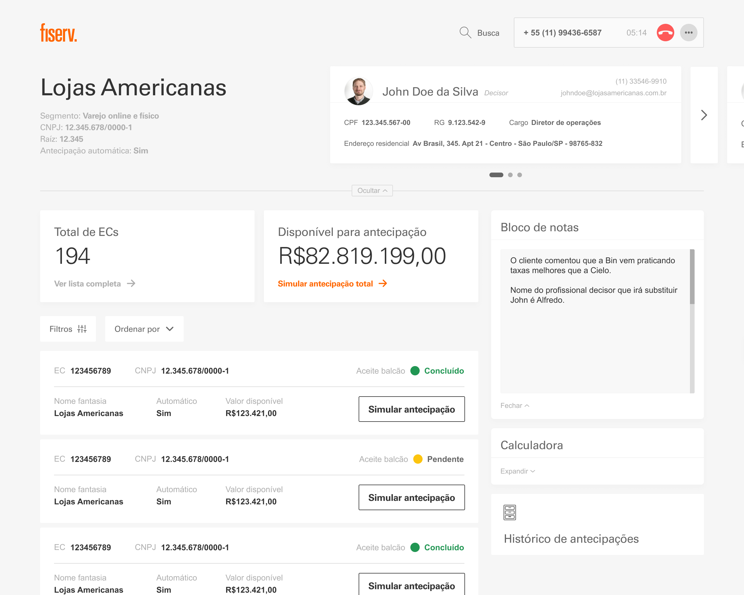 High-fidelity Fiserv concept for a receivables operator workspace with customer context, available balance and simulation actions
