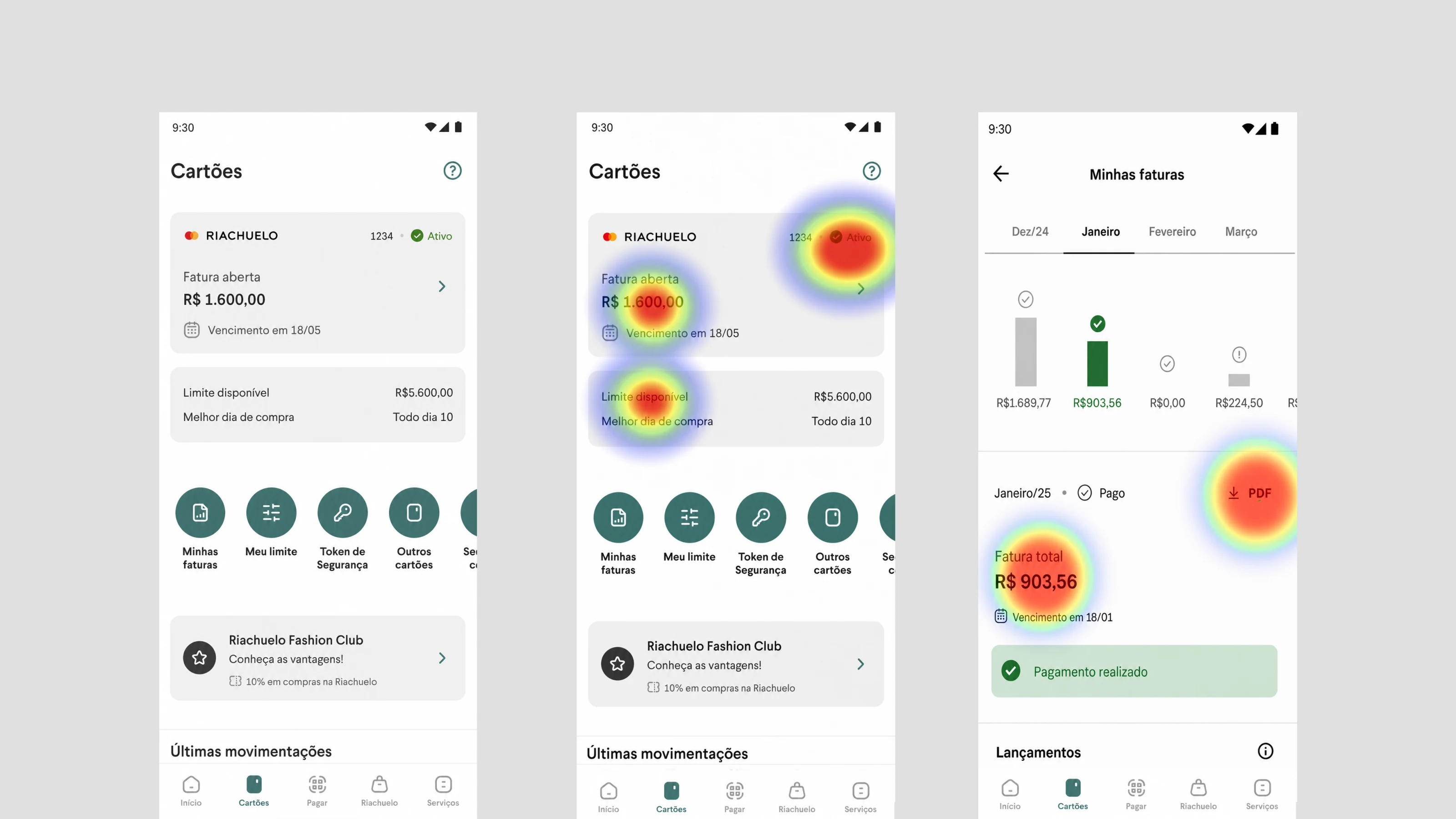Cards Home screens with user-test attention heatmaps
