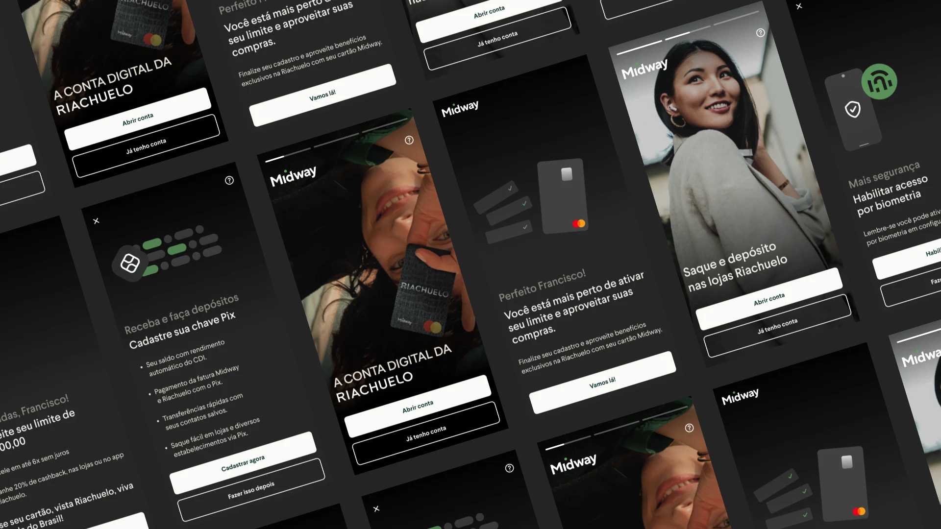 Midway financial and Riachuelo e-commerce interfaces built from a shared design system
